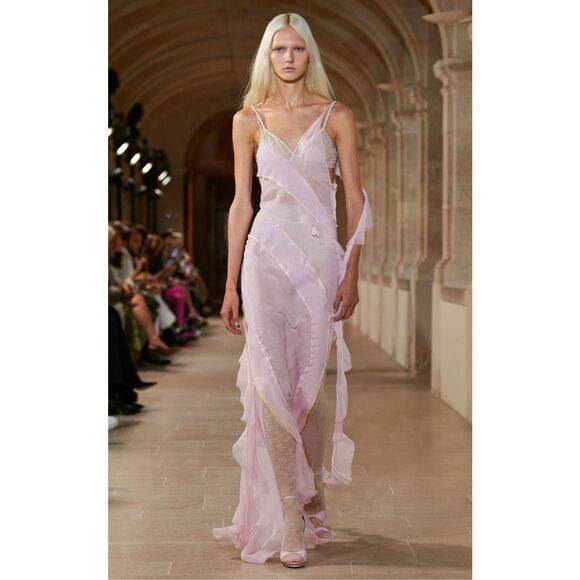 Victoria Beckham $2390 Asymmetric Bias Frill Ruffle Silk Dress Pink Size 2 - Picture 2 of 11